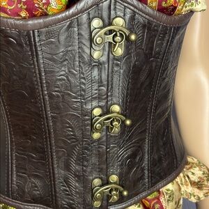 Brown Tooled Leather Underbust Corset w Brass Antique Like Clasps Pirate Style